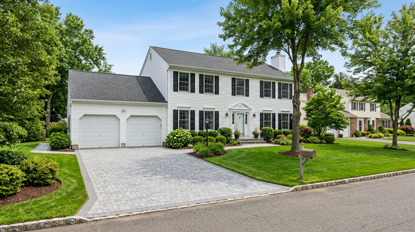 New Jersey colonial home with new paver driveway and two-car garage