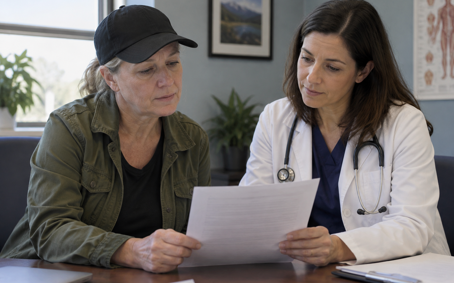 A woman veteran in a veteran cap reviewing her medical record printout with a female doctor at a VA clinic