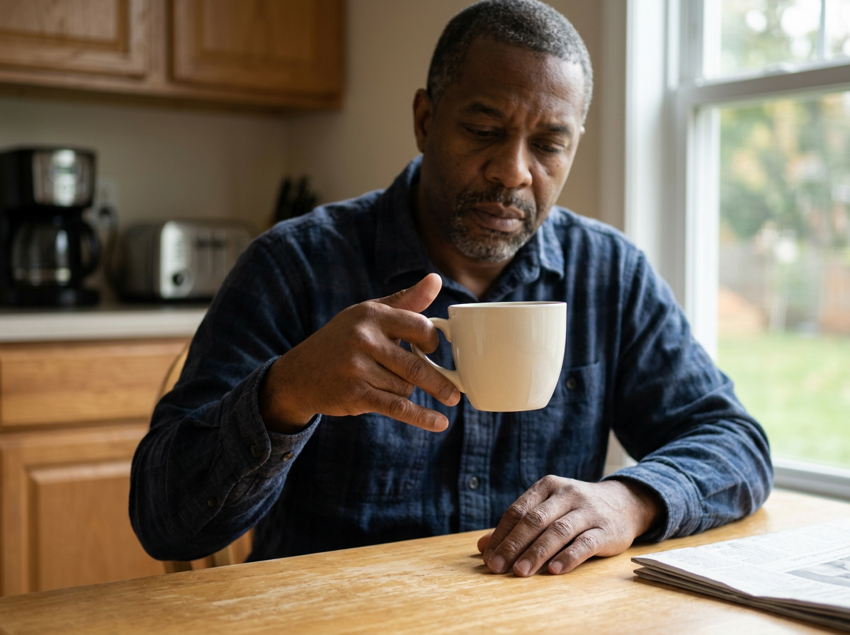 Black male veteran unable to grip a cup with non-functional hand showing loss of grasping ability