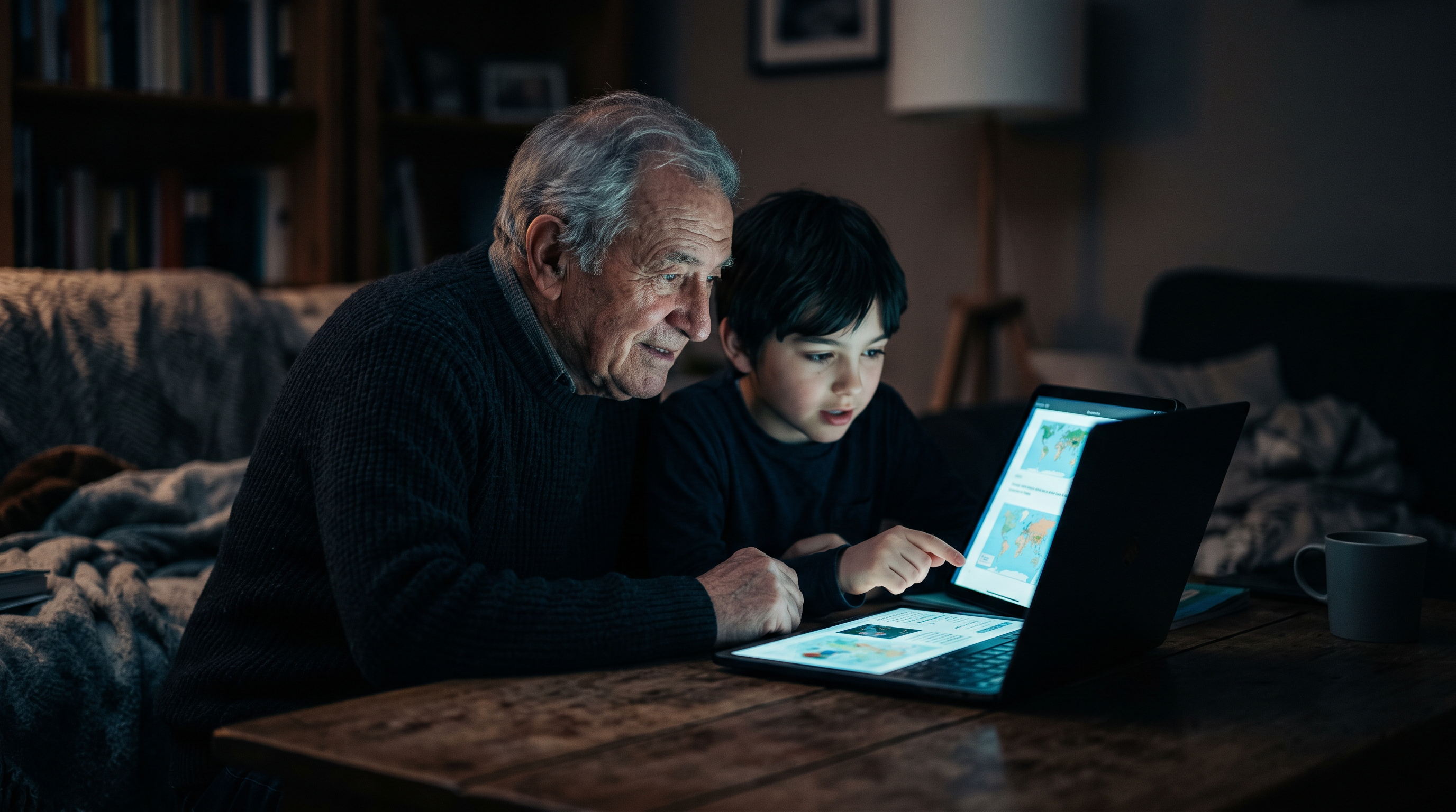 An older person and a young woman reviewing a laptop screen together in a dimly lit room