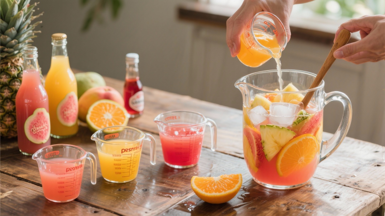 Punch Sans Alcool Goyave, Ananas, Orange 2 Punch sans alcool tropical à base de jus de goyave, ananas et orange, boisson fruitée et rafraîchissante idéale pour l’été.