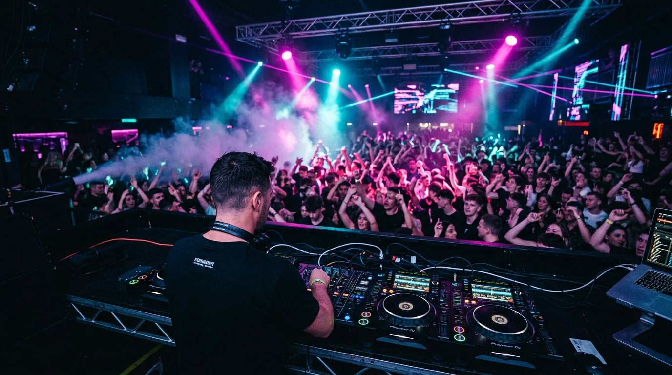 DJ Alain achter de draaitafels in een nachtclub
