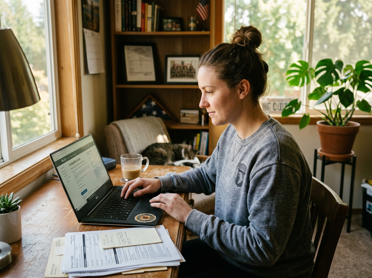 Woman veteran filling out her VA claim form on a laptop at home