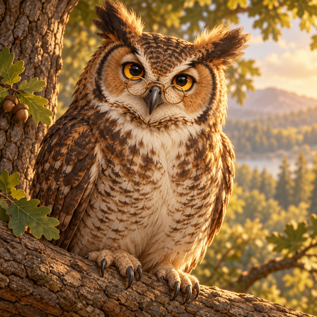 Grandpa Silas — a wise Great Horned Owl perched on a mossy branch