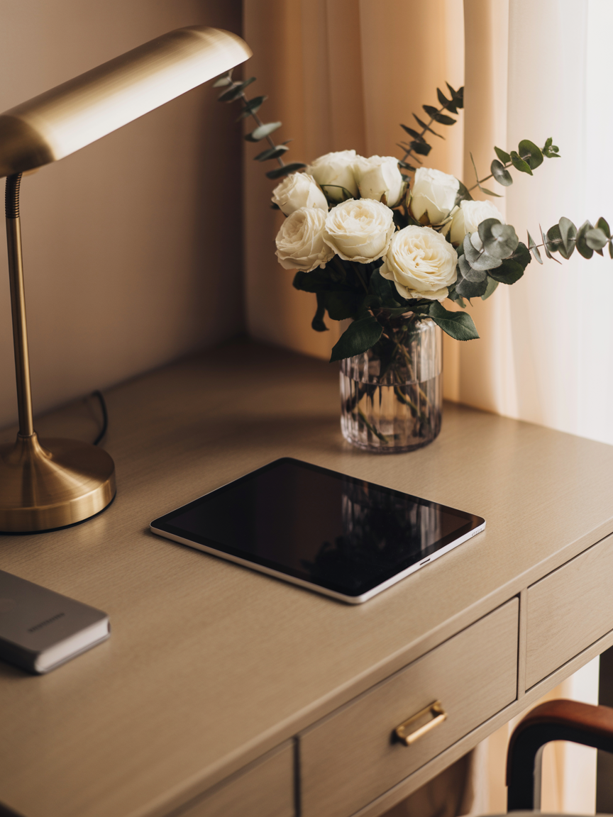 Bureau design avec lampe et vase de fleurs dans une ambiance chaleureuse