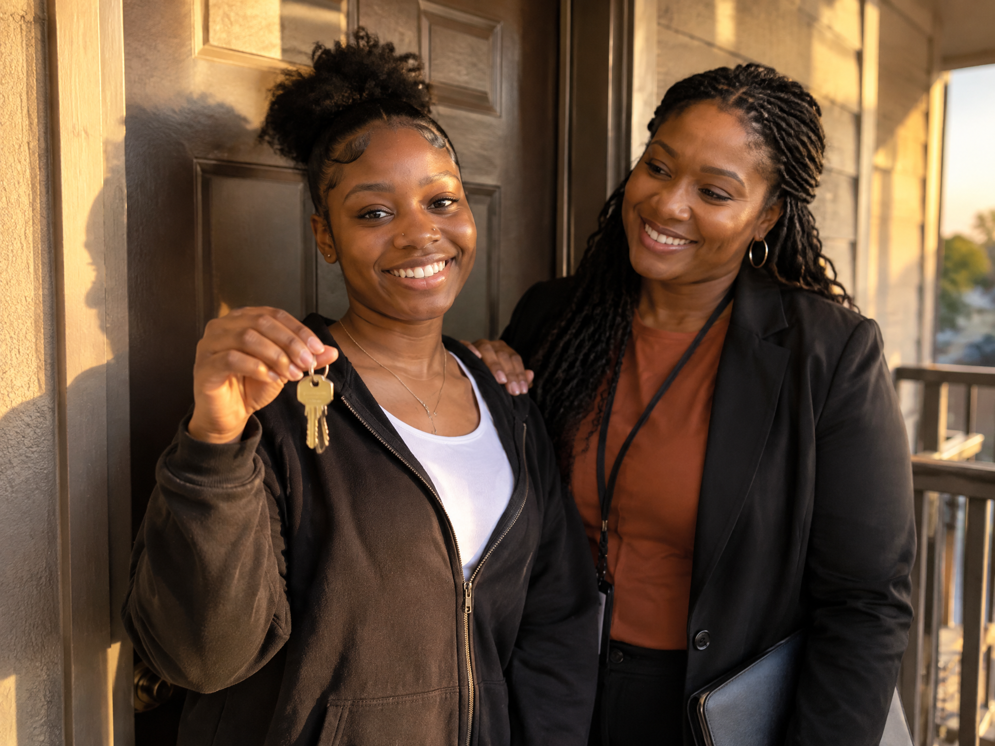 Young adult holding keys to a new apartment beside a supportive case worker