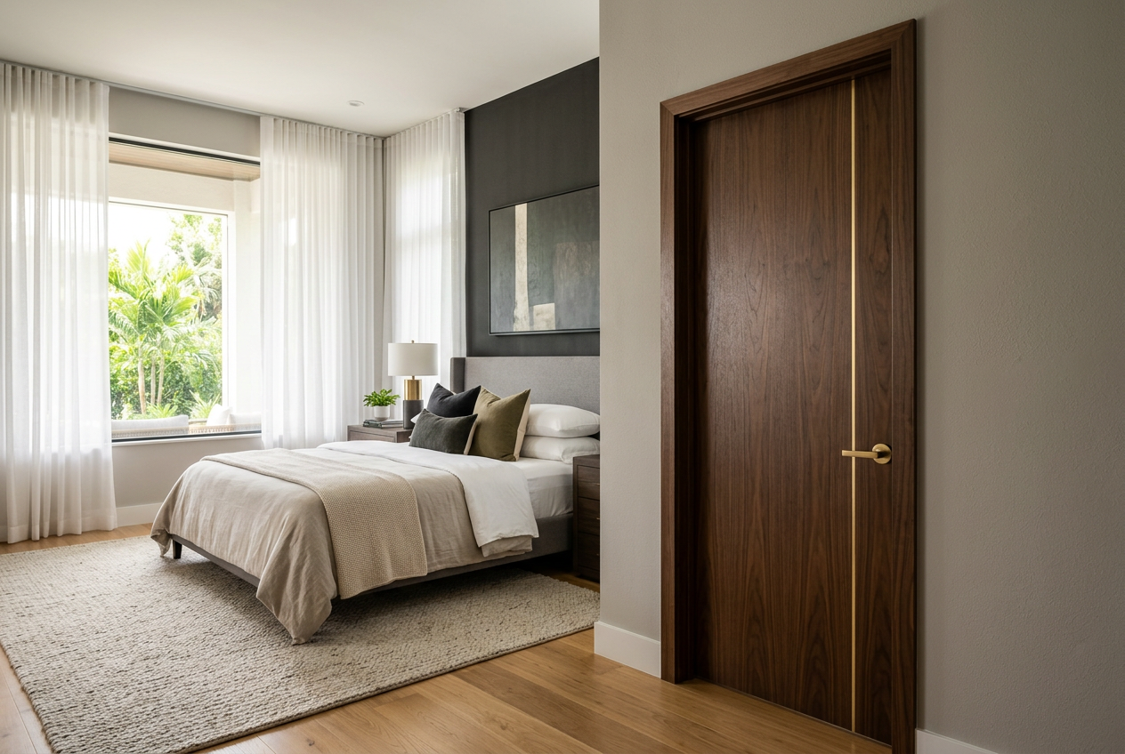 Dark walnut veneer modern interior door with a vertical gold inlay stripe in an elegant Orlando bedroom