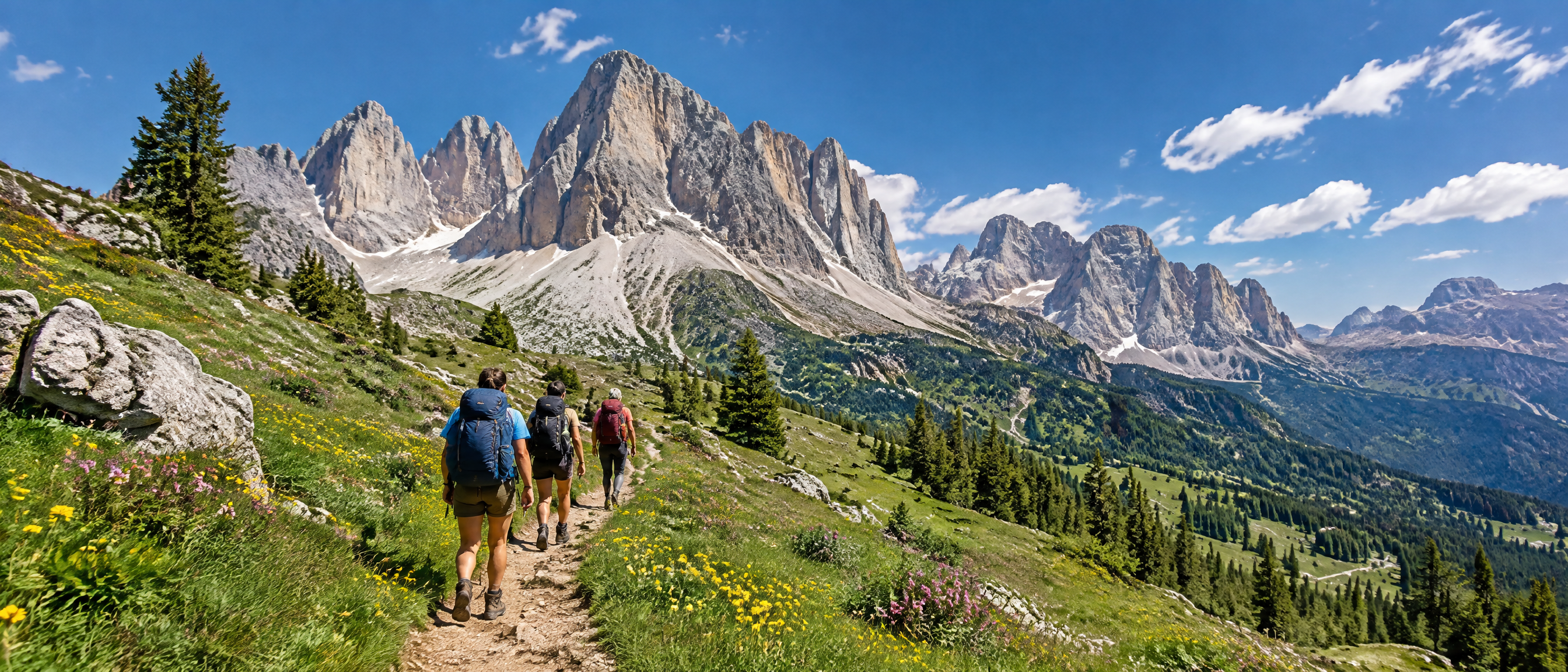 Hikers on a trail in the Dolomites with dramatic peaks behind