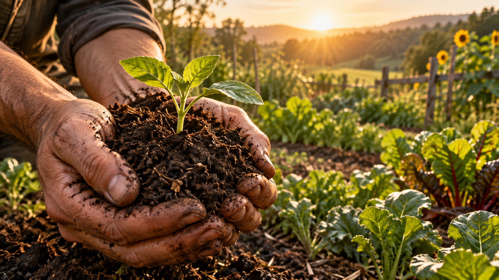 Hands holding rich living soil and a young seedling in warm morning light