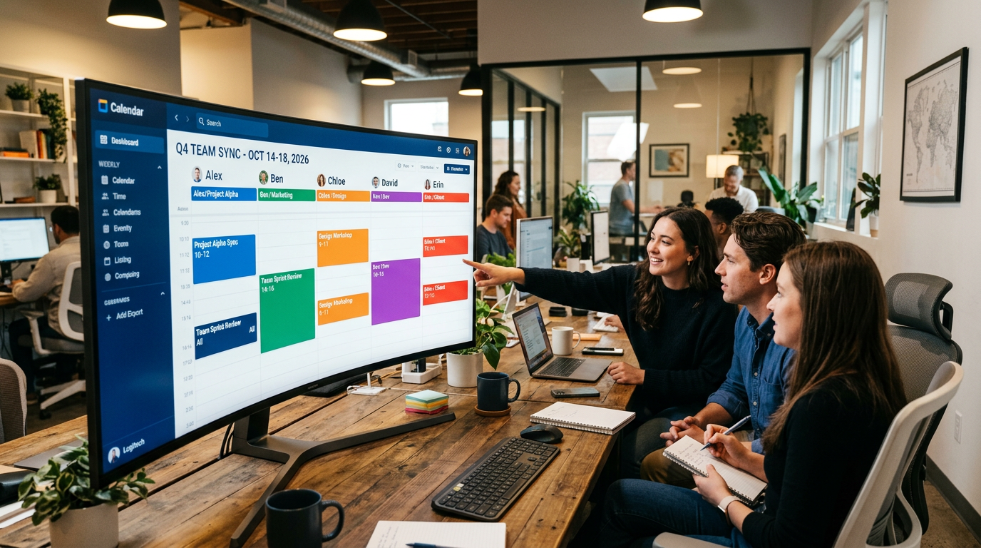 Calendário colaborativo de equipe em monitor com blocos coordenados