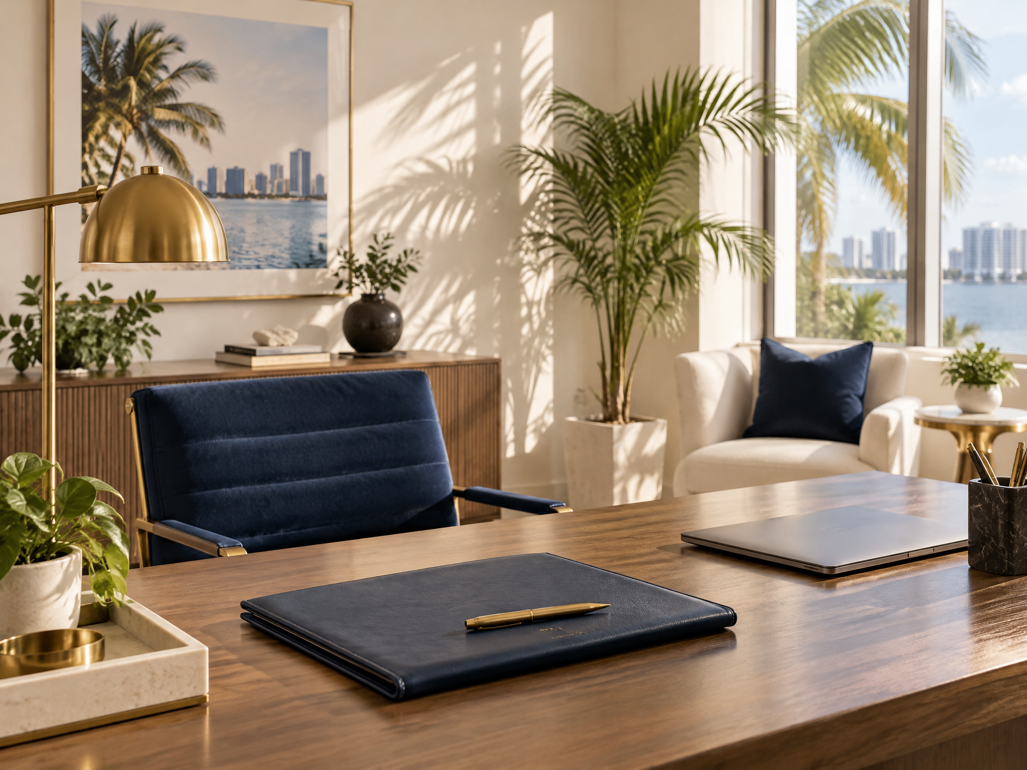 Sunlit Sun Biz Broker office in South Florida with a navy leather portfolio on the desk