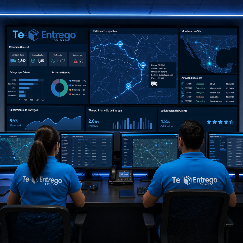 Centro de monitoreo 24/7 de Te Entrego con pantallas GPS