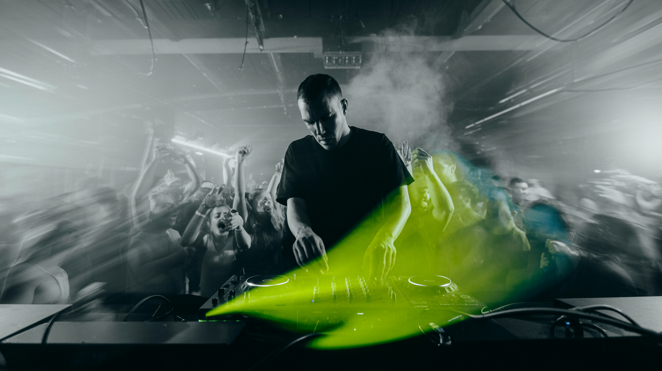 DJ performing in dark underground club with smoke and motion blur