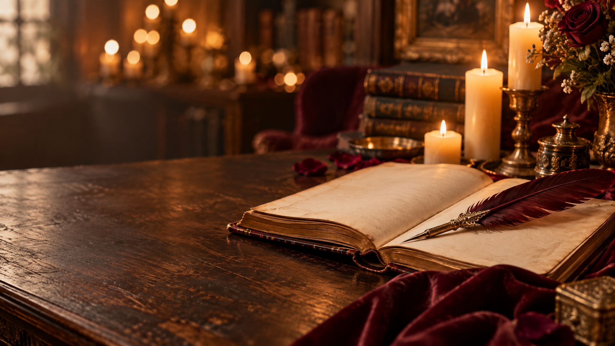 Open journal with quill pen on wooden desk lit by warm candlelight