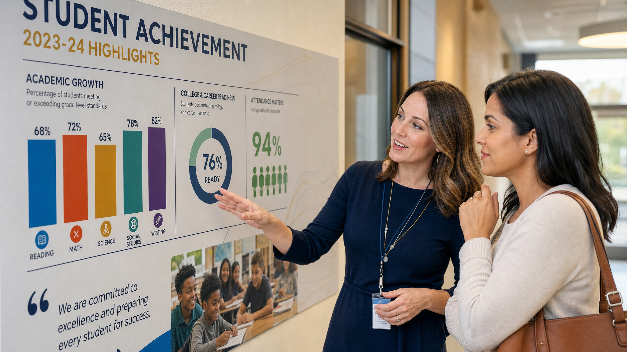 Teacher and parent admiring a data visualisation wall graphic in a school corridor