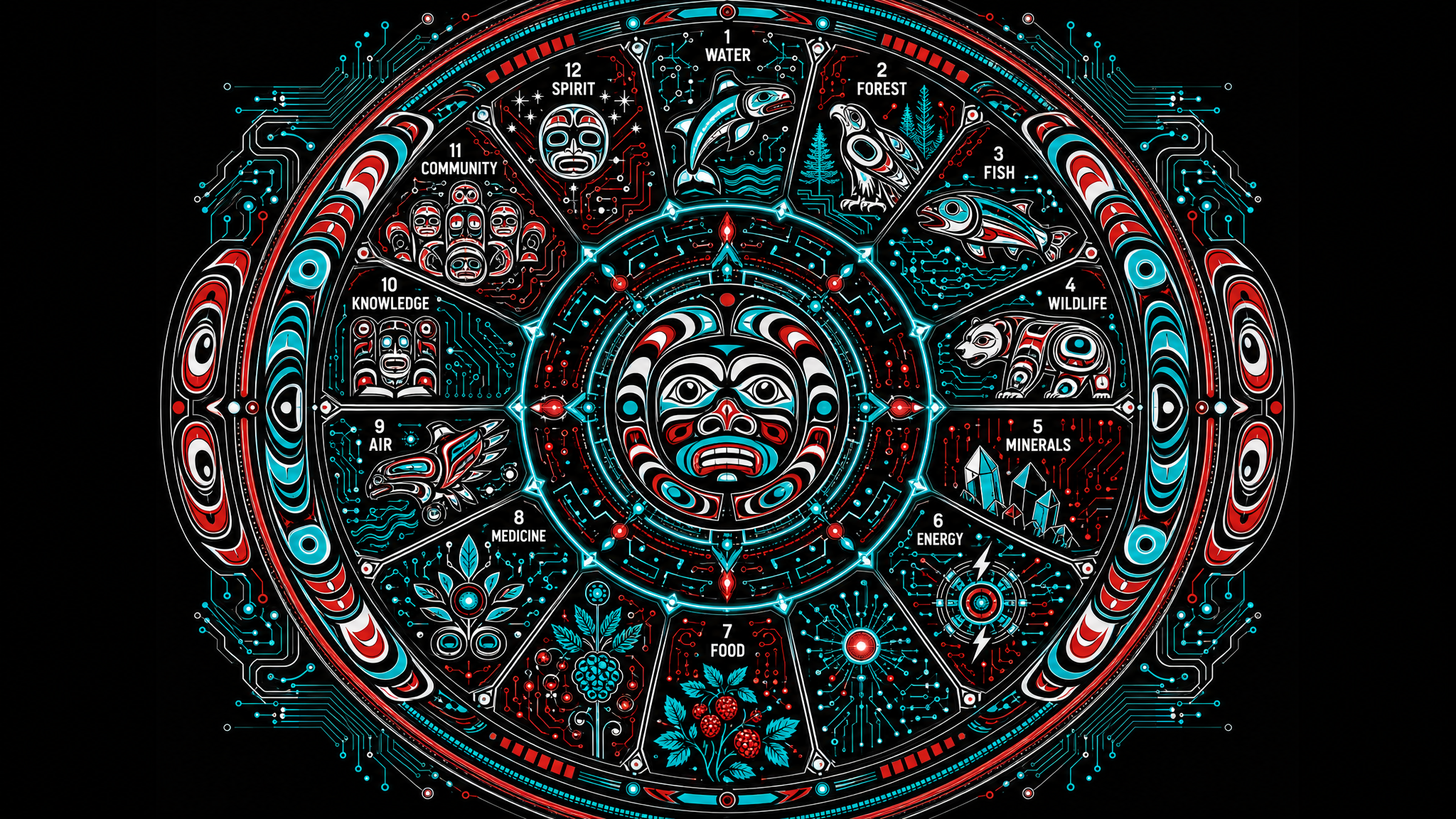 Peace Mandala combining Tlingit formline art with technological circuit patterns