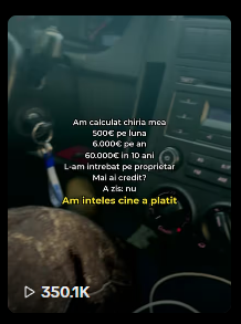 Captură a unei postări despre costurile chiriei, cu numărul de vizualizări afișat