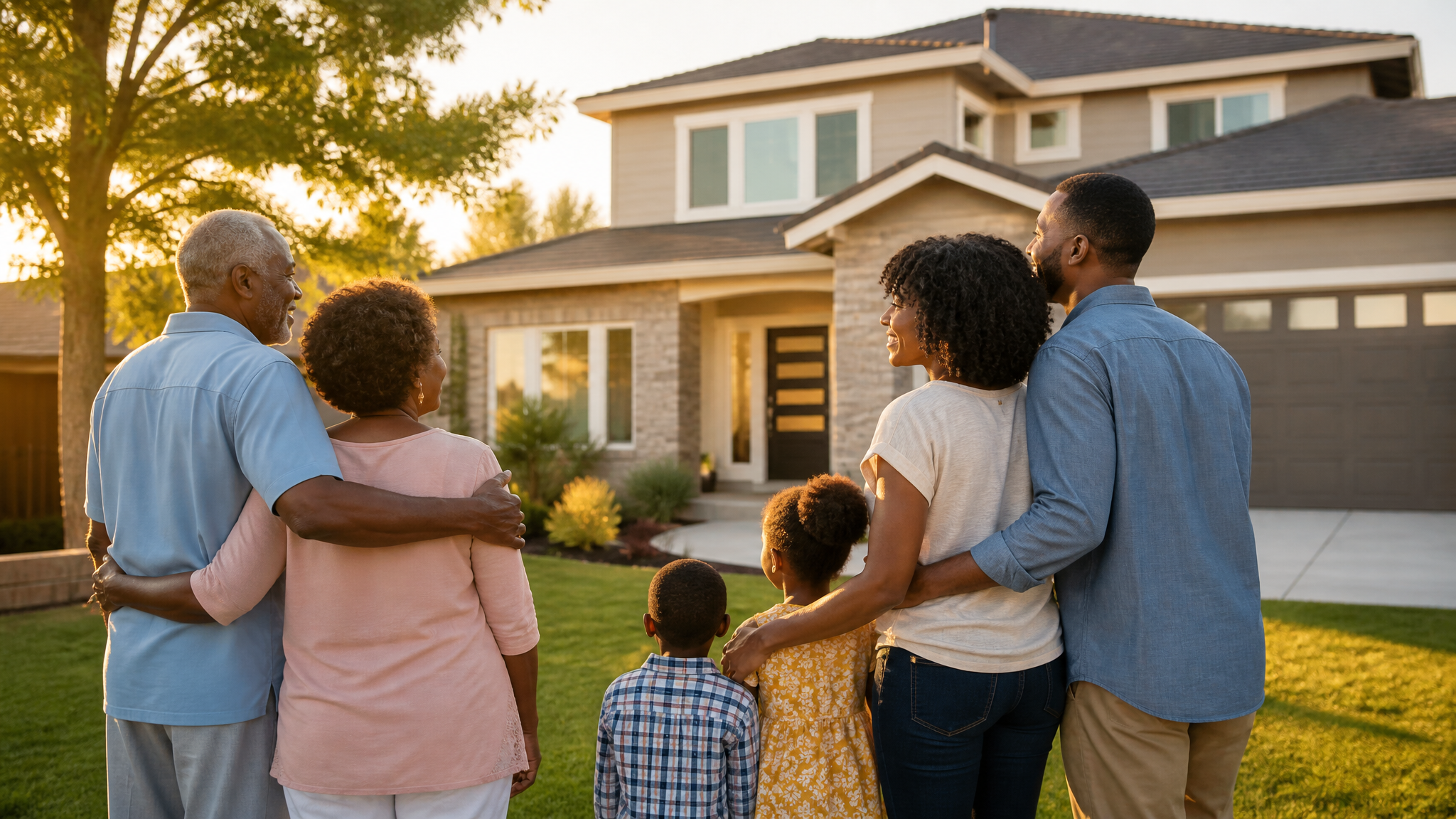 Family looking at their new home