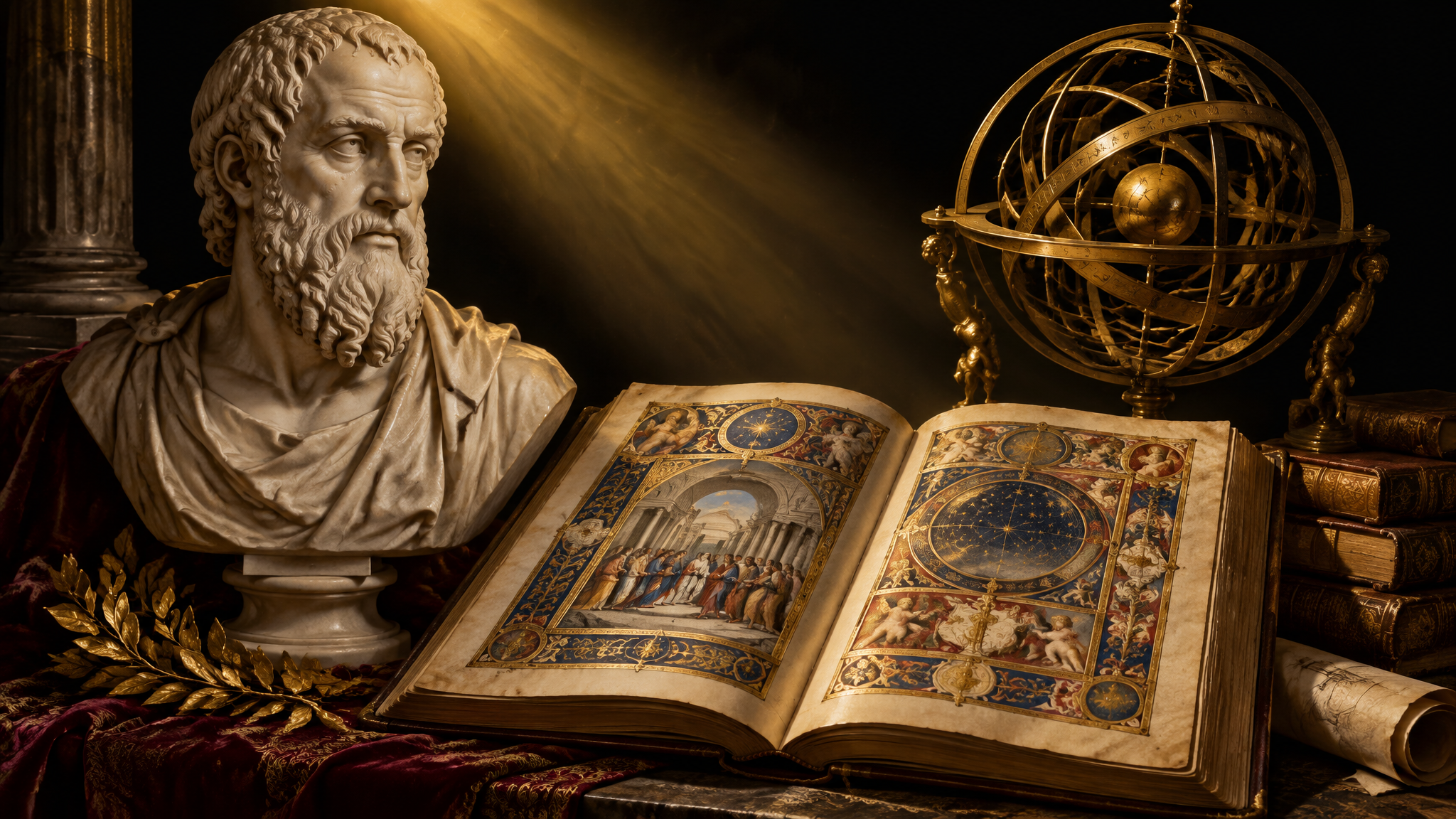 A marble bust of Plato beside an open Renaissance book and an armillary sphere, joined by a beam of light