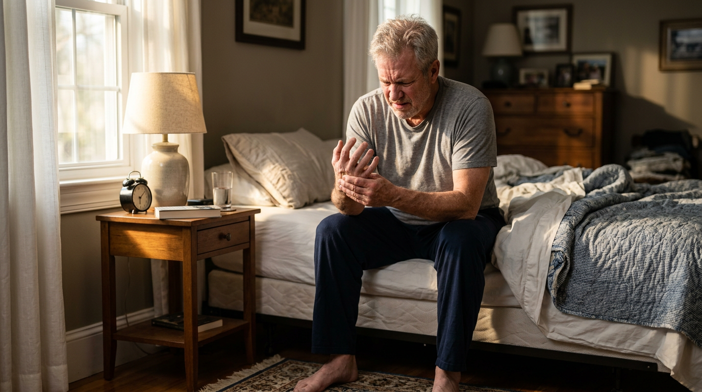White male veteran grimacing while flexing stiff hands on edge of bed in morning light