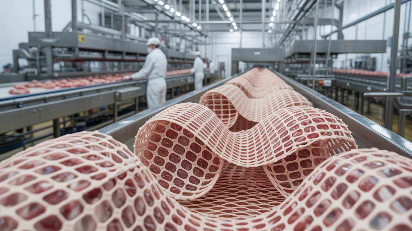 Industrial meat processing facility with elastic meat netting products