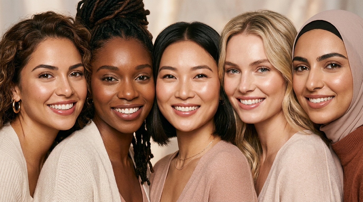 Five diverse women in an intimate beauty campaign portrait