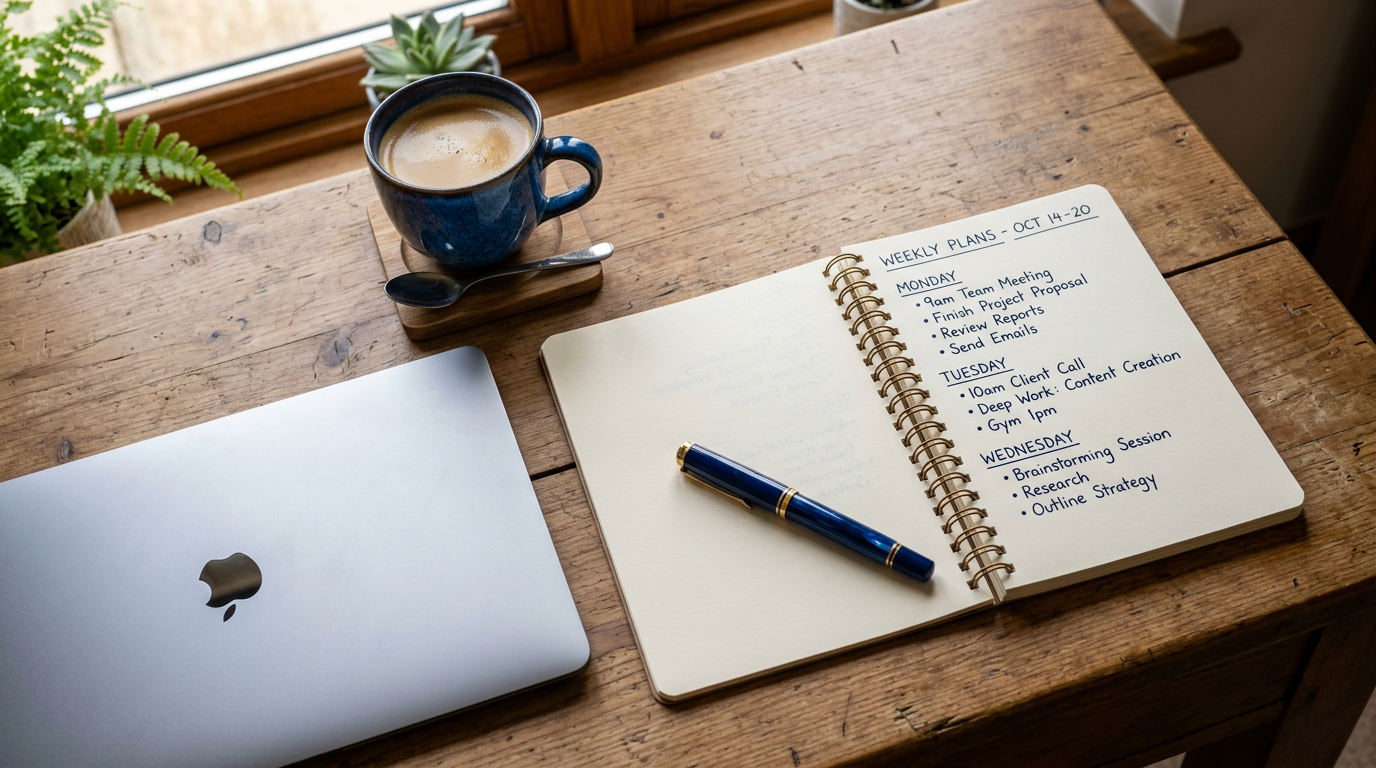 Caderno aberto com planejamento manuscrito ao lado de laptop fechado — planejamento intencional para trabalho profundo