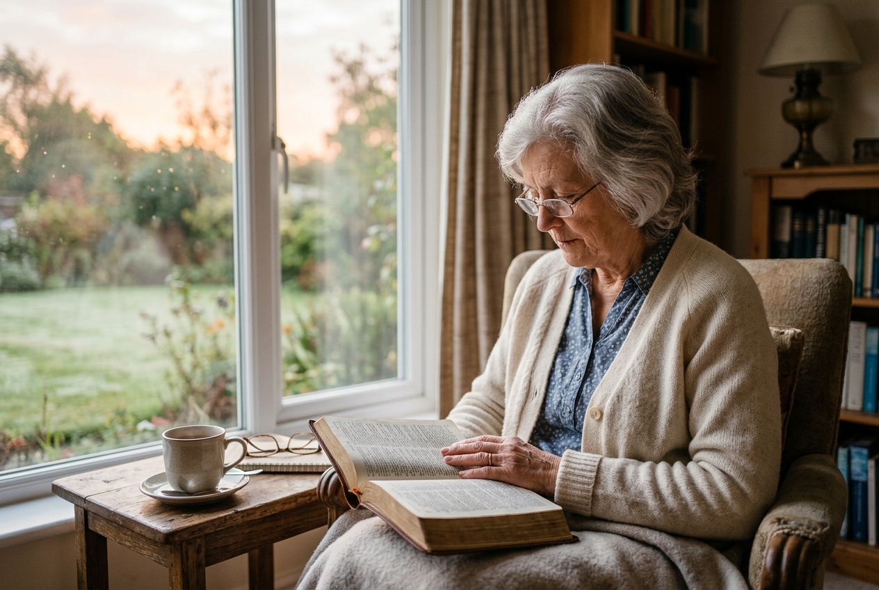 An older woman reading Scripture during a quiet morning devotional by a softly lit window