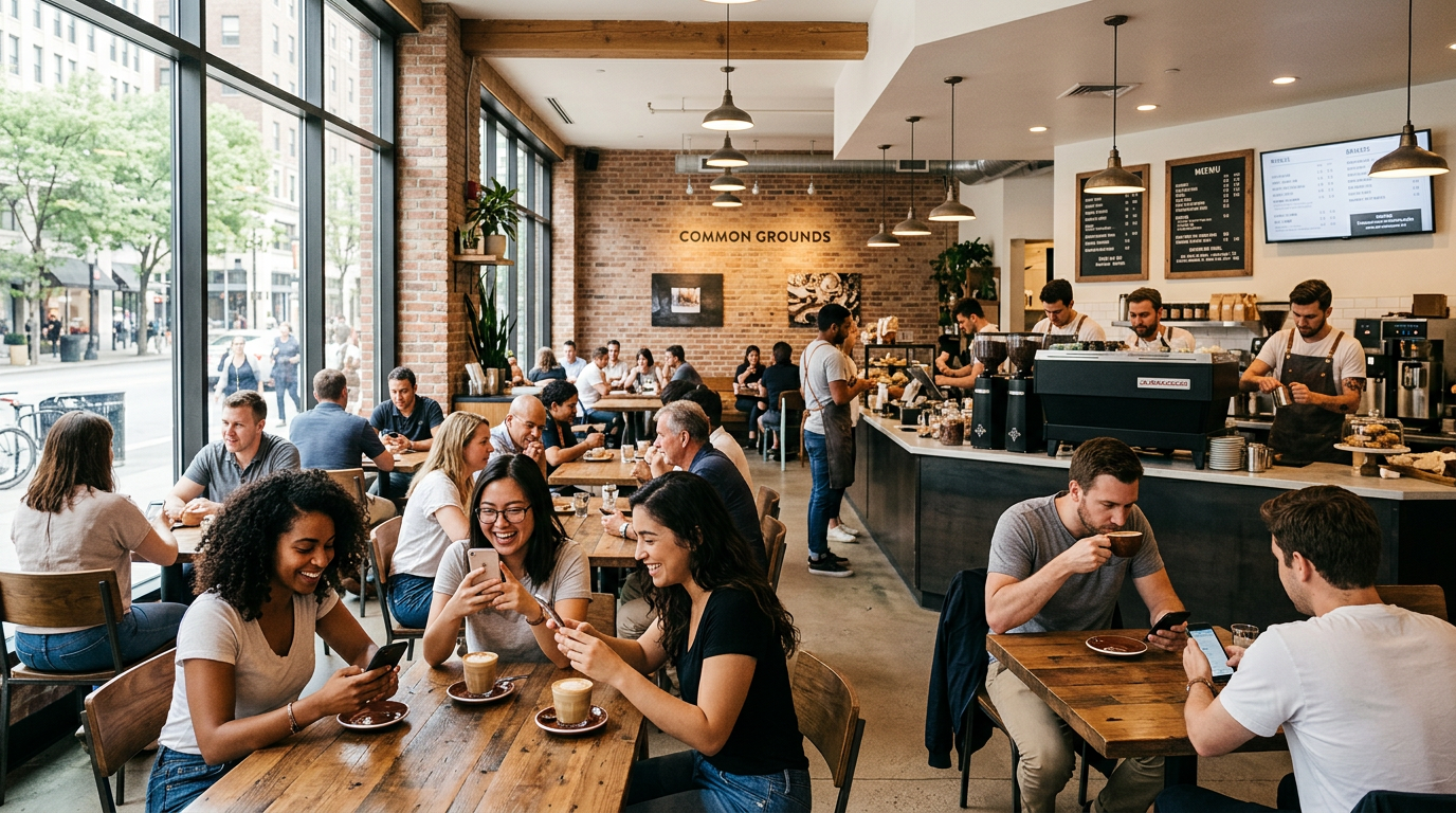 A busy, vibrant modern coffee shop with happy customers engaging on their phones