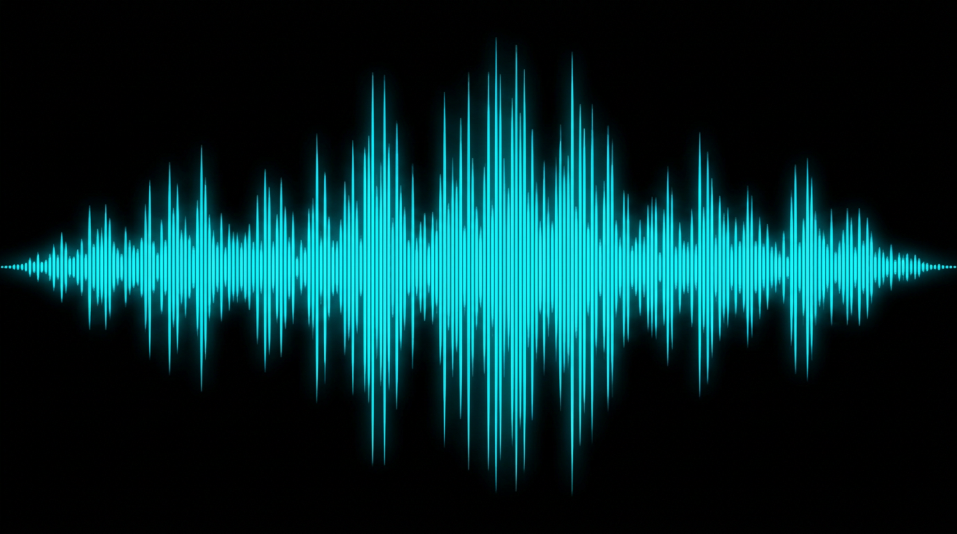 Bright cyan audio waveform on a black background representing voice analysis