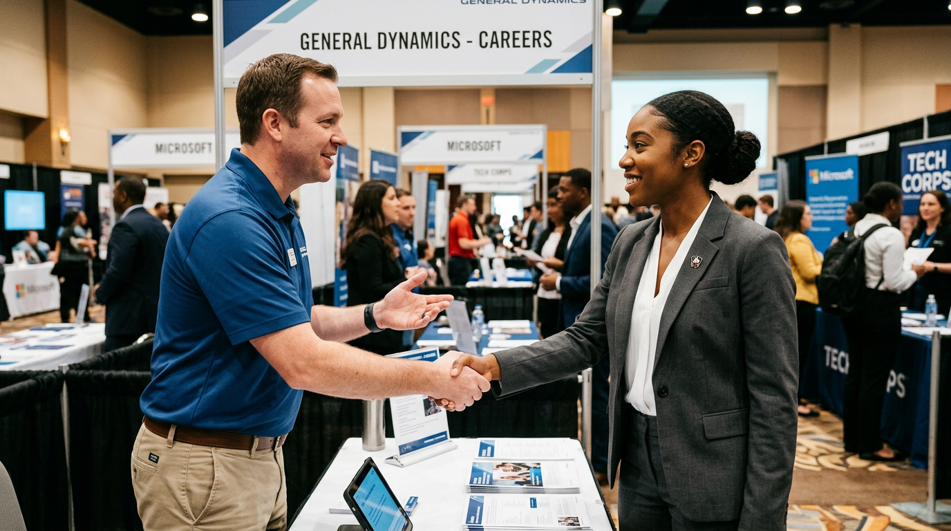 Woman veteran at a career fair shaking hands with a recruiter