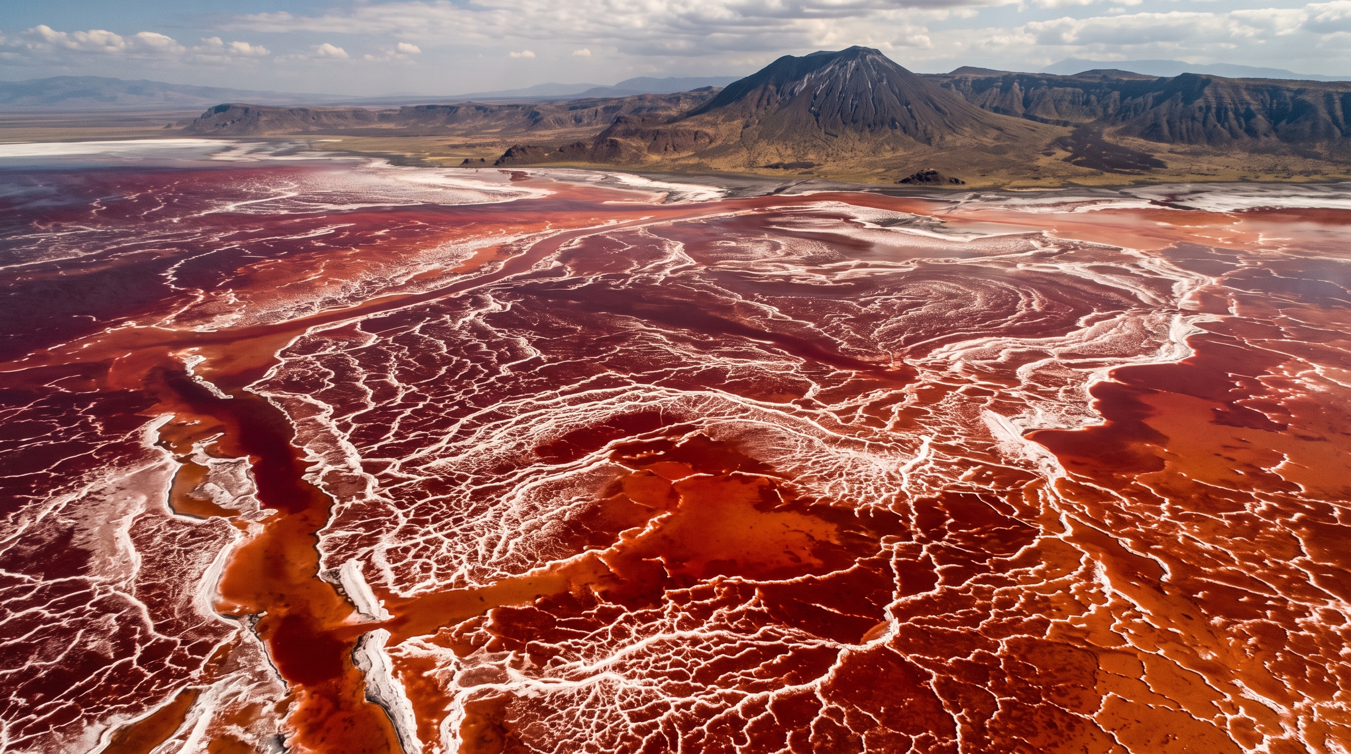 Ilustração gerada por IA representando Lago Natron, baseada em informações científicas verificadas.