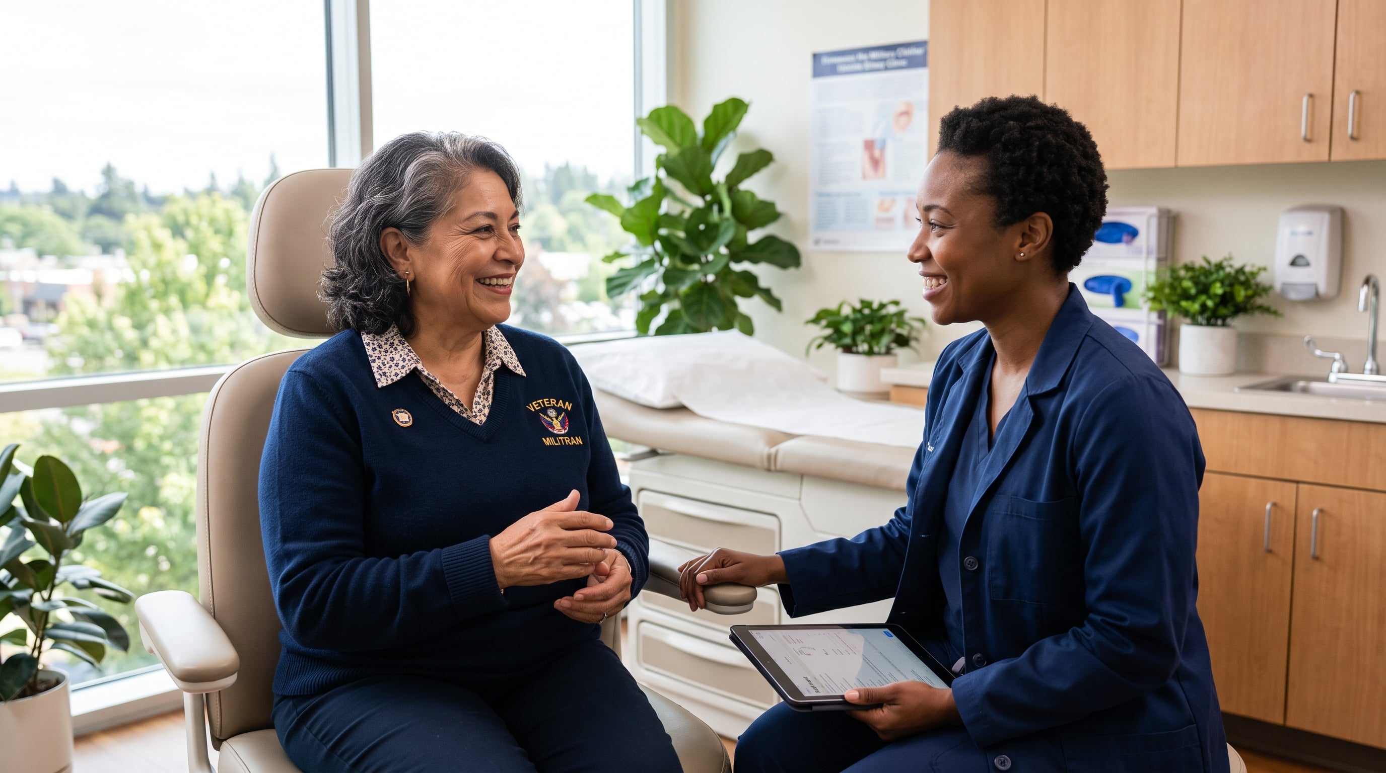 A senior Latina veteran talking comfortably with her doctor in a bright local clinic exam room