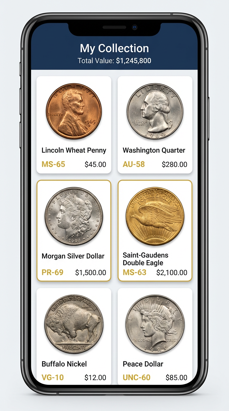 CoinSensei digital coin collection management view showing thumbnail grid of graded coins with values