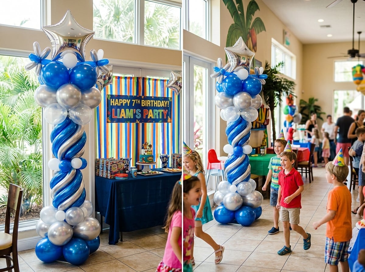 Columnas de globos azul y plata para fiesta