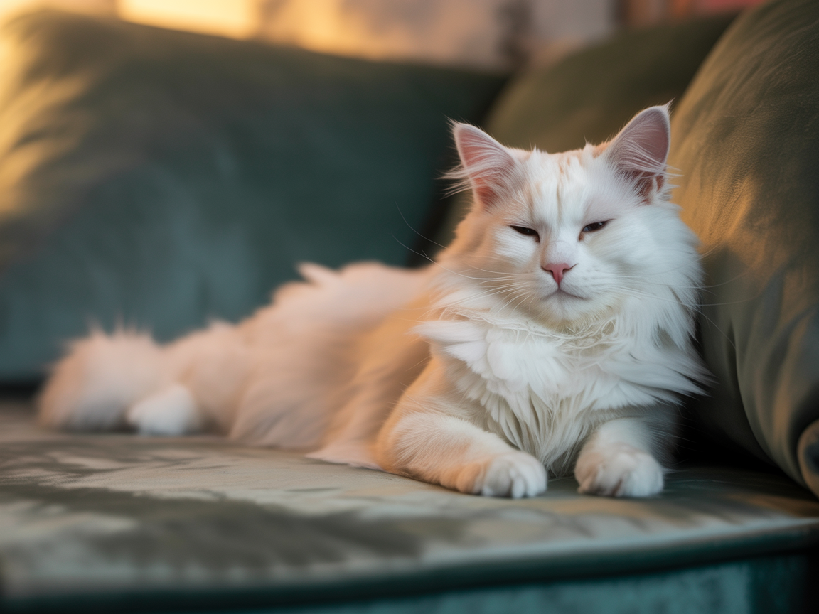Serene white Turkish Van cat evoking calm and relaxation