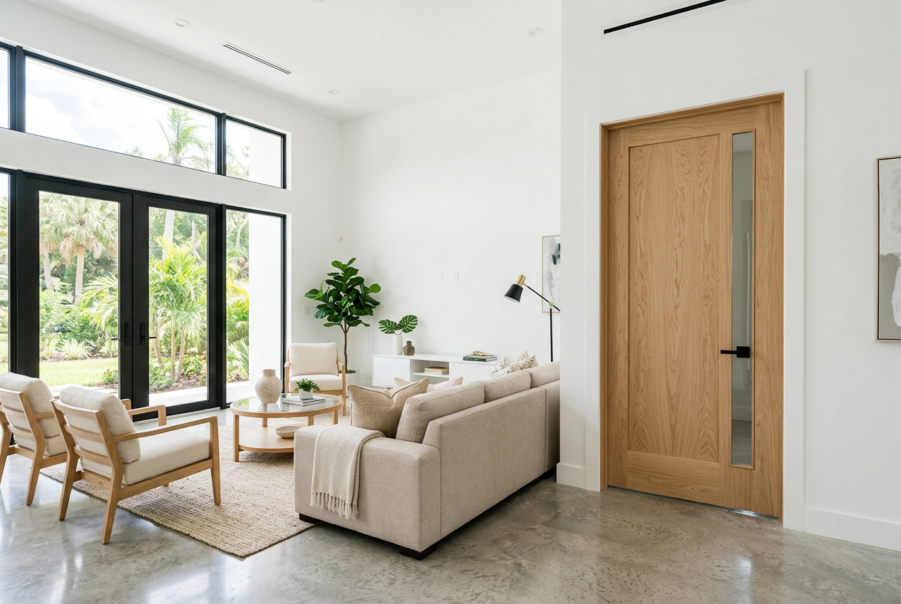 Natural light-oak veneer interior door installed in a bright contemporary Orlando living room