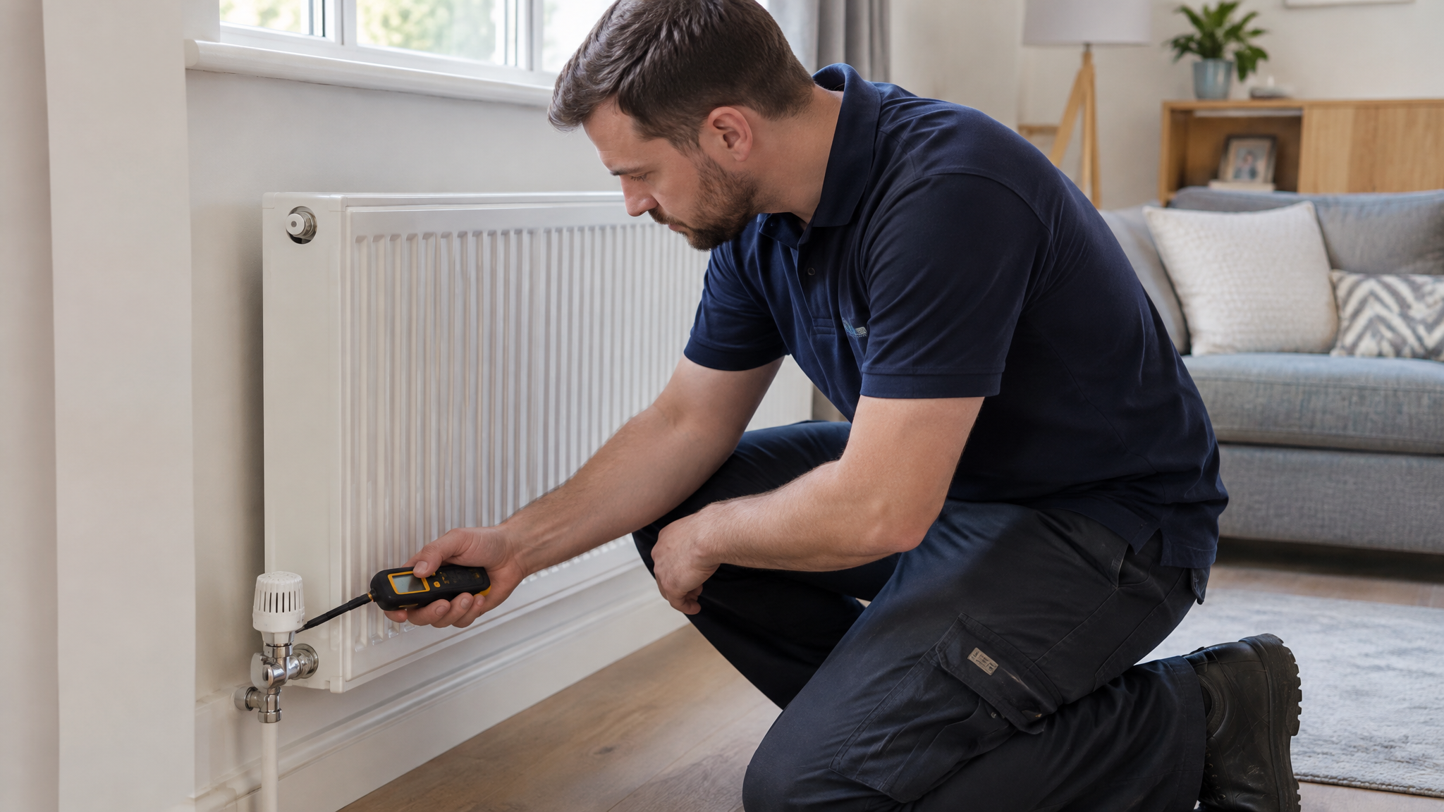 Heating engineer inspecting a central heating system in a UK home