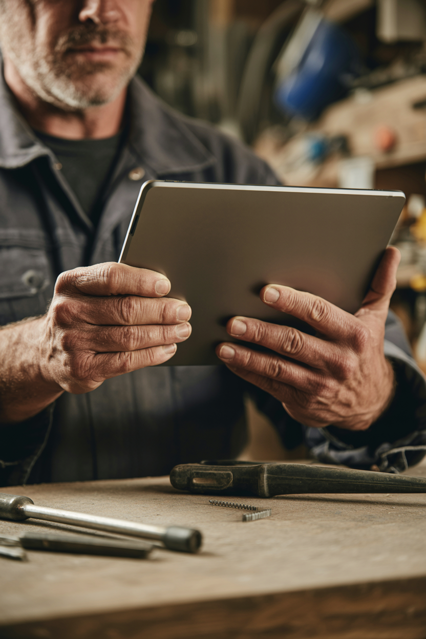 Tradesperson's weathered hands holding a modern tablet at a construction workbench with tools nearby