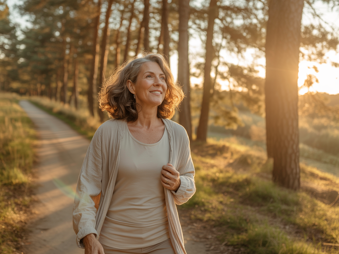 Sunlit forest path at golden hour