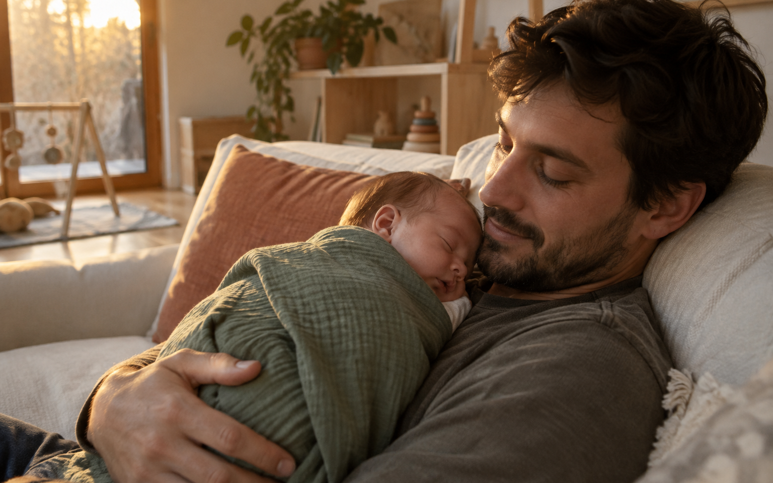 A tired but smiling dad holding a sleeping newborn on his chest at dawn
