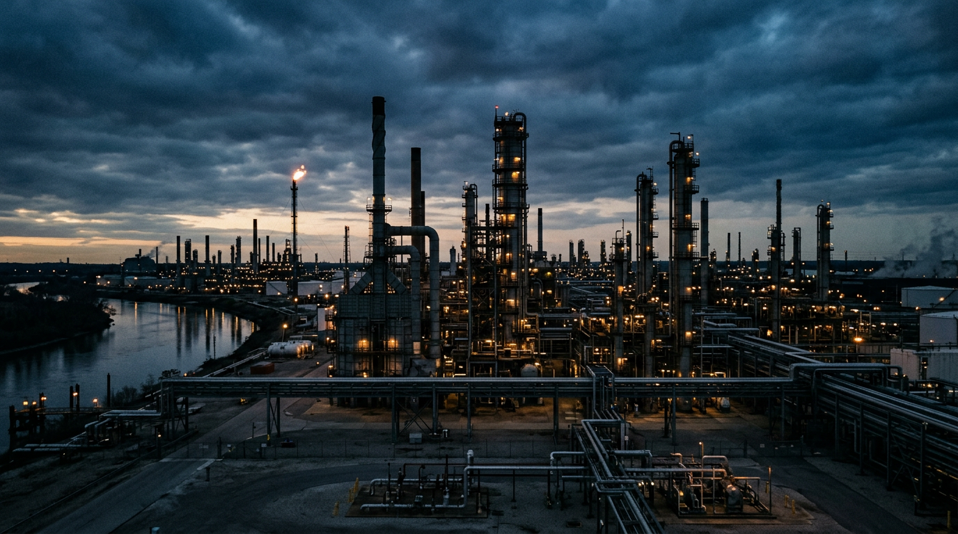 Planta petroquímica al atardecer