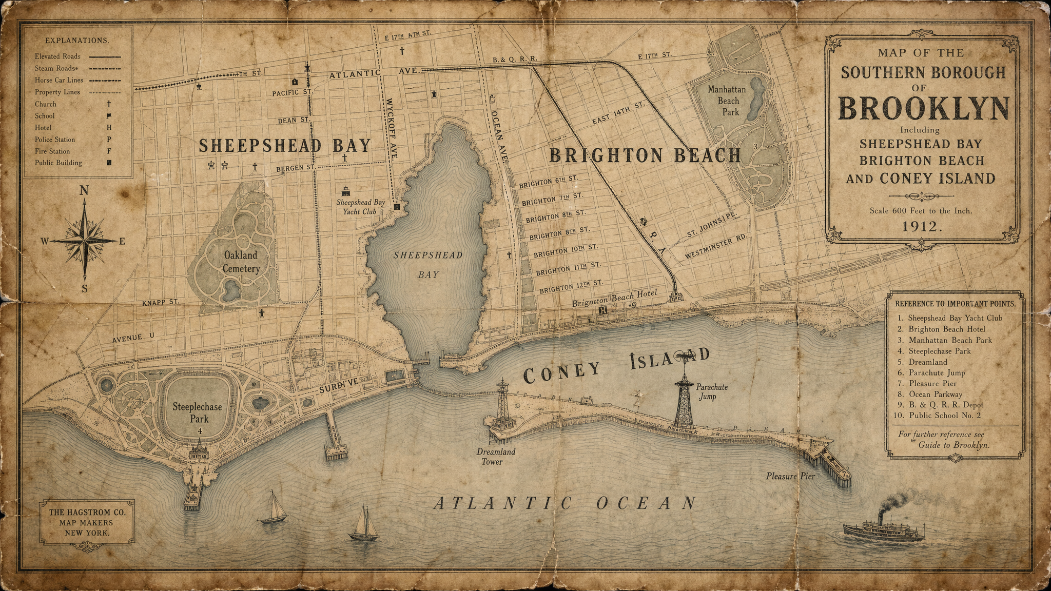 Historical map of southern Brooklyn showing Sheepshead Bay and Coney Island