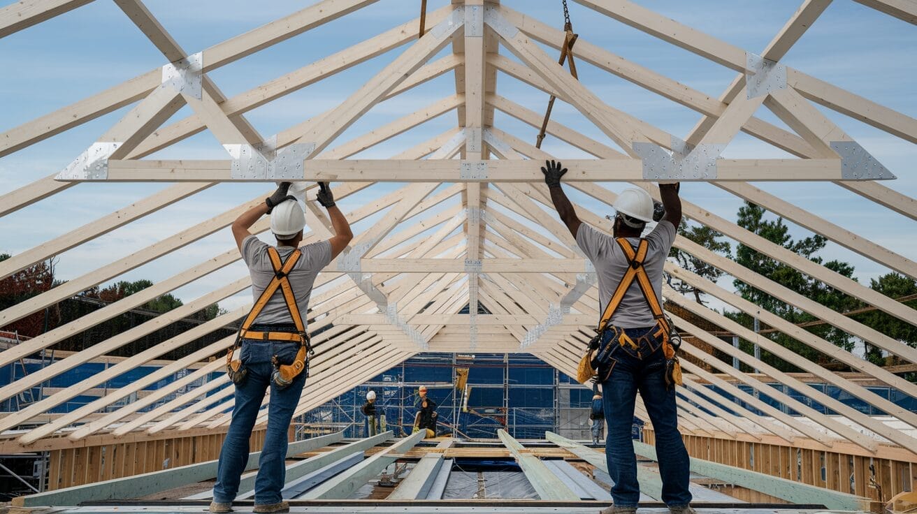 New roof trusses and framework being constructed