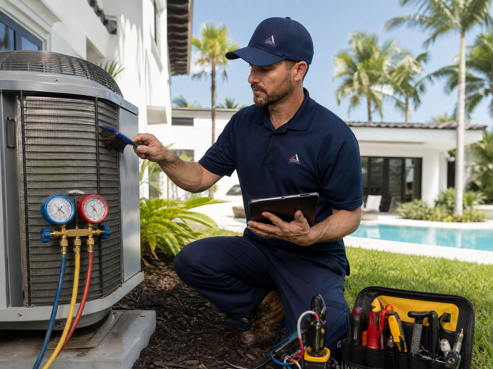 HVAC technician performing preventive maintenance and cleaning condenser coils