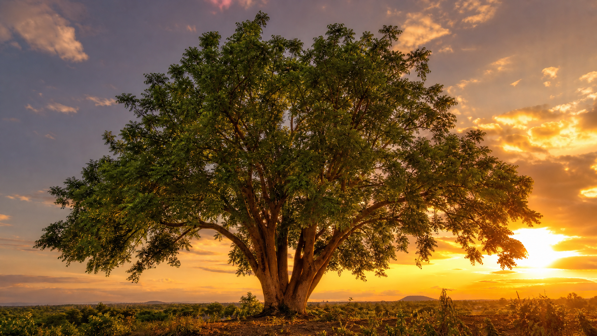 Majestic moringa tree in golden sunset light