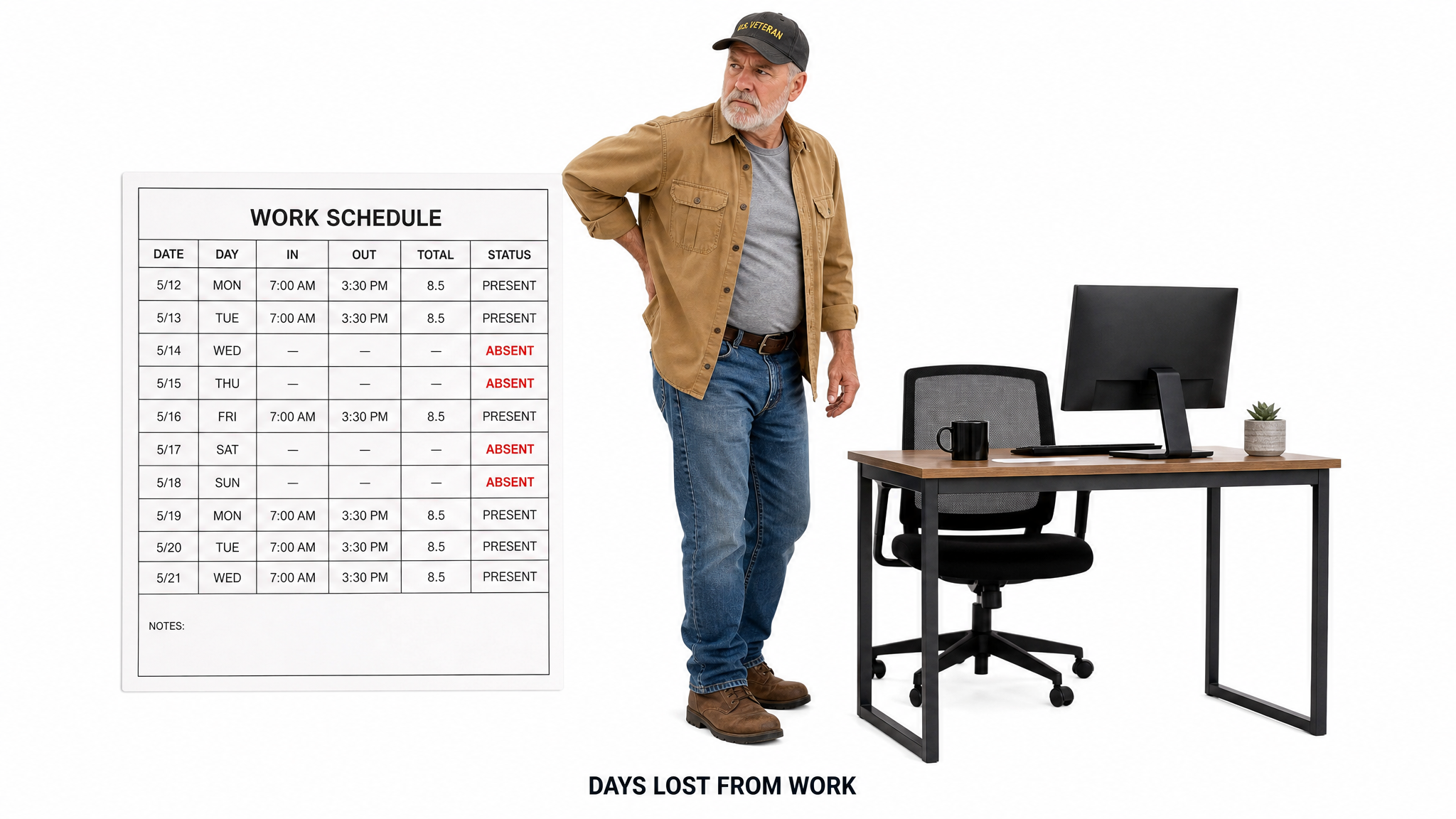 Clinical teaching photograph of a veteran standing beside a printed work schedule with several days marked absent, stepping away from a desk workstation