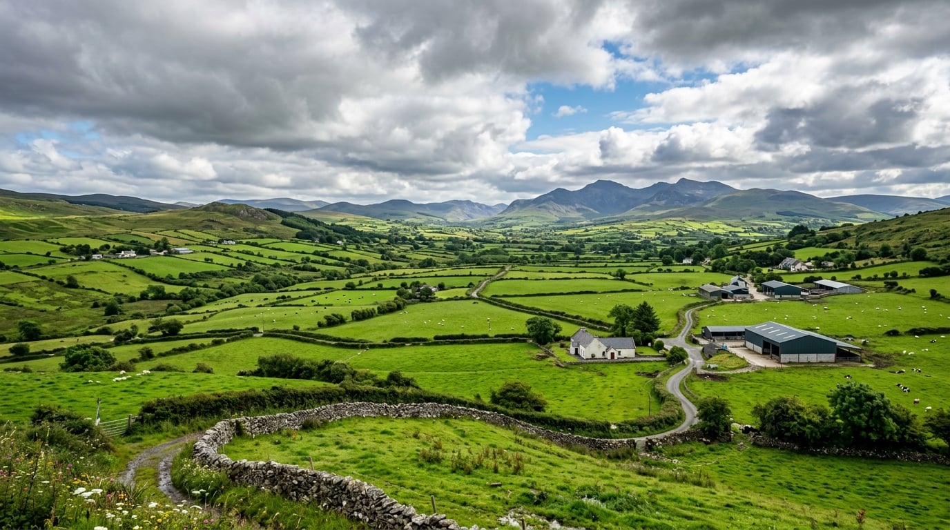 Northwest of Ireland farmland panorama with farm buildings