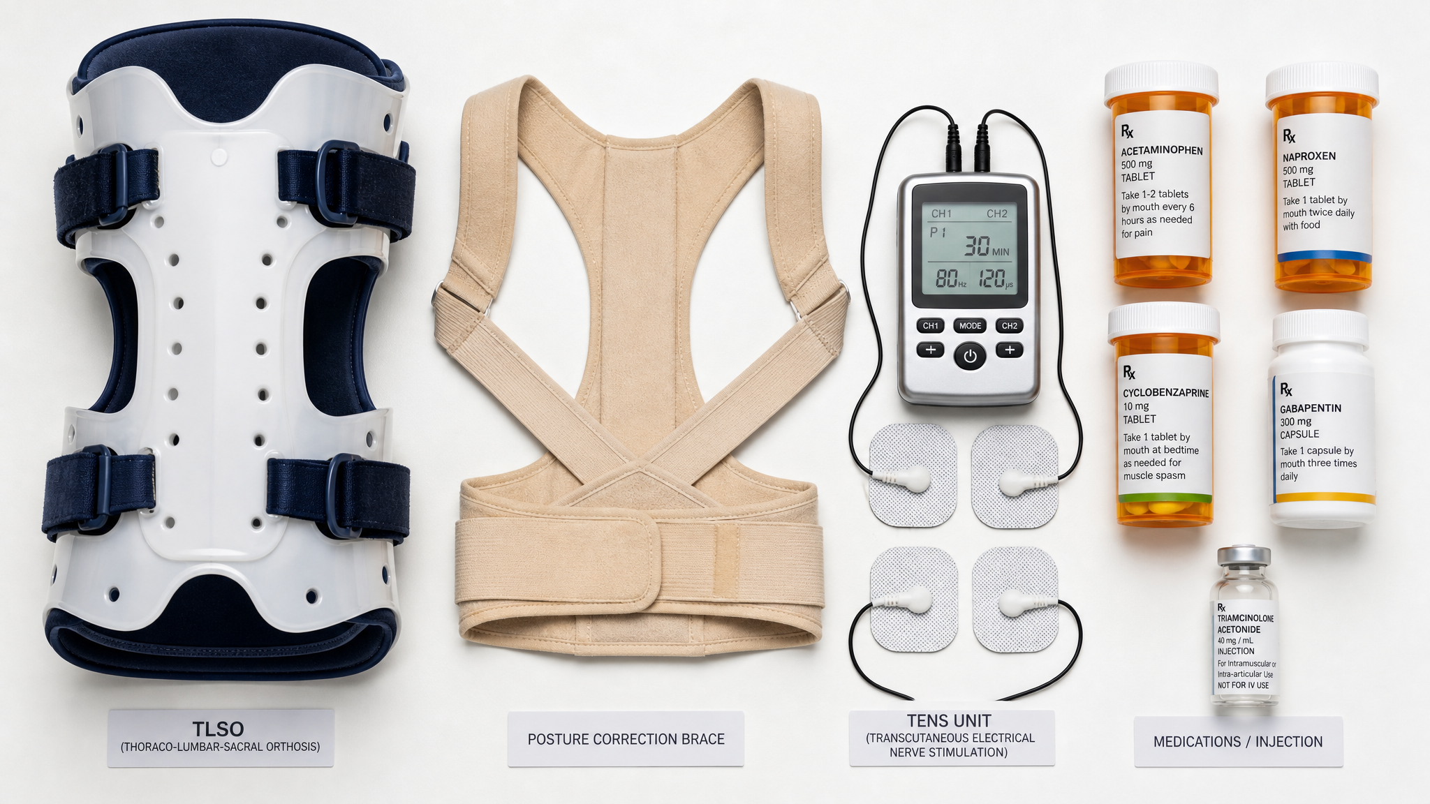 Clinical teaching photograph of a rigid thoraco-lumbar back brace, a posture-correction brace, a TENS unit with electrode pads, prescription bottles and an injection vial laid out in a row