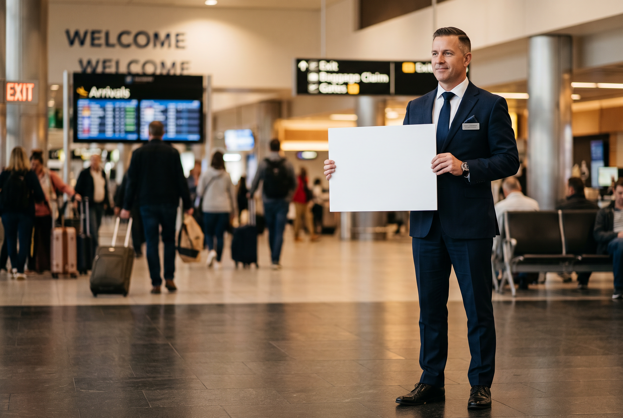 Motorista da SP Drivers aguardando no desembarque do aeroporto com placa de boas-vindas